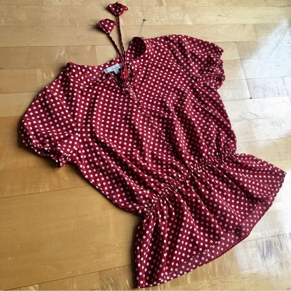 & Layered Polka Dot Elasticized Waist Blouse, Rust Orange Red, White, Size S